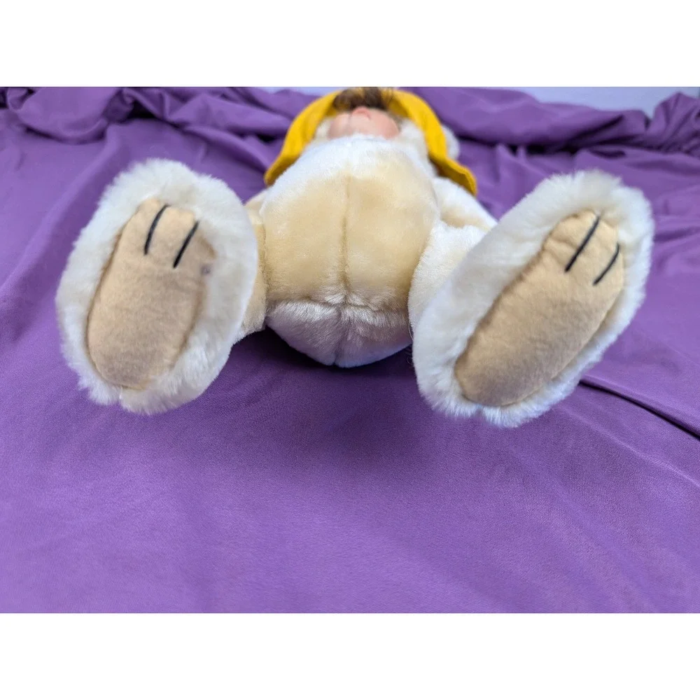 VTG 90s Plush Porcelain Human Faced Teddy Bear Hair Eyelashes Brass Button Hat